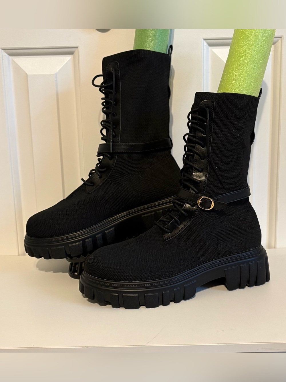 CUCCOO Women’sBlack Mesh Lace-Up Chunky Combat Boots with Buckle Strap, Size 41